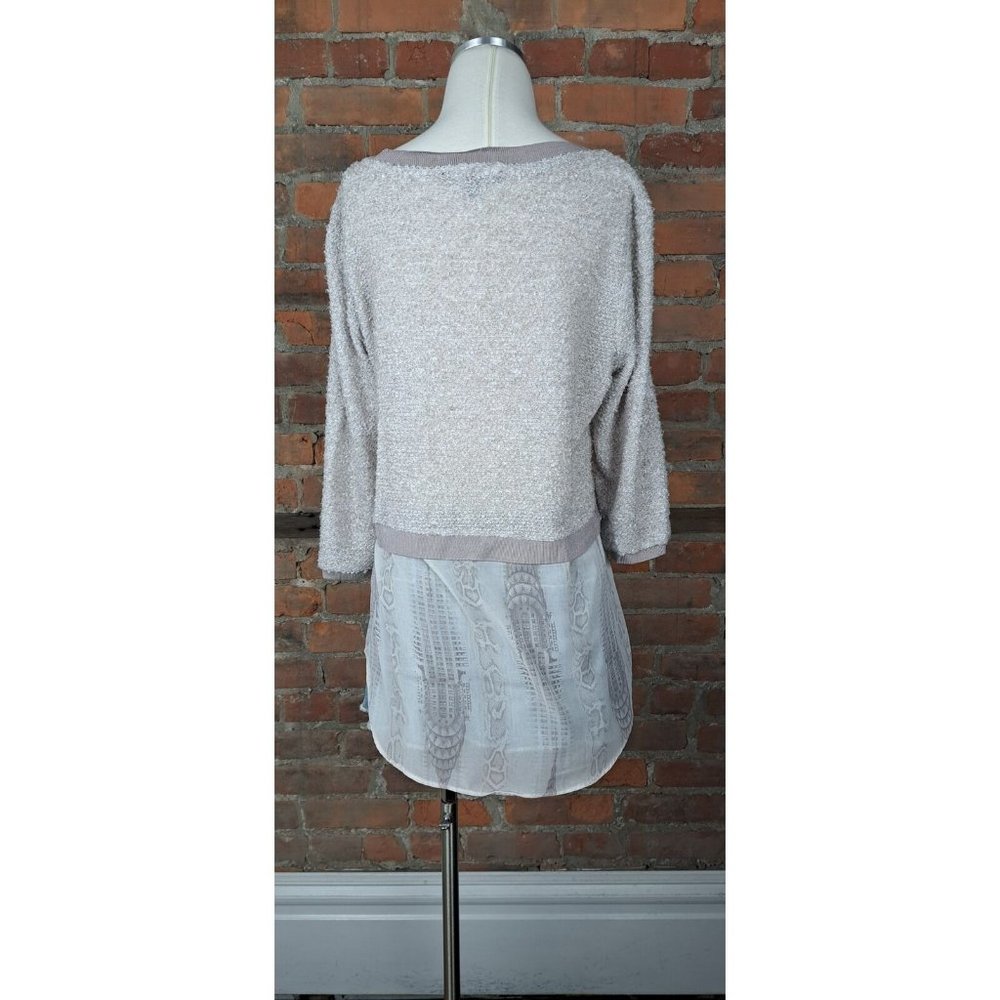 Elle Tahari Tunic Mixed Media Tan White Boucle Top 3/4 Sleeves Size M